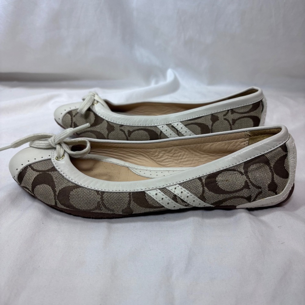 Coach Jana Ballet Flats Womens 6.5 Brown White Signature Monogram Bow SlipOn - Picture 2 of 9